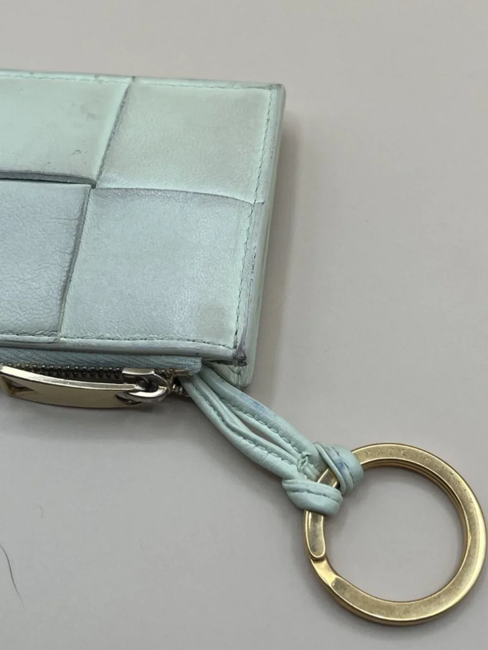 Bottega Veneta Intrecciato Zip Card Case Mint Green Woven Leather Key Ring Coin